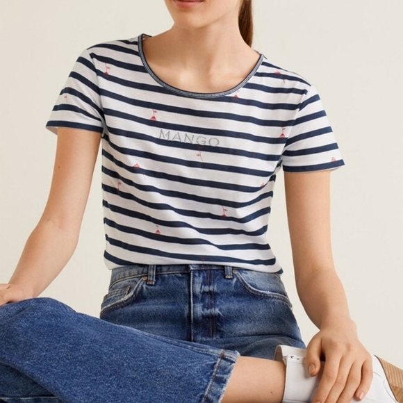 Mango Tops - MANGO Women white & navy stripped round neck T-shirt